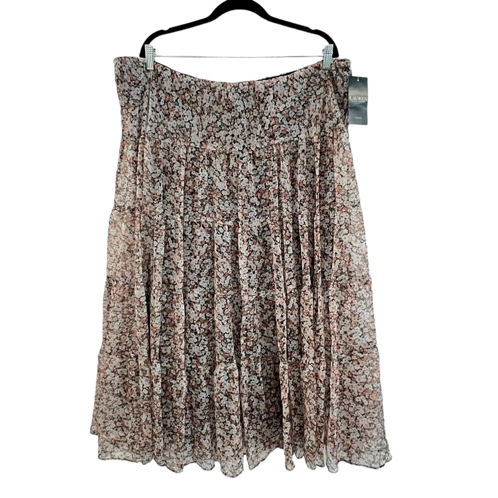 Lauren Ralph Lauren Pink Floral Georgette Plus Size Midi Polyester Skirt